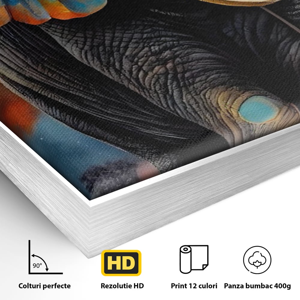 Detaliu al suprafetei: tablou canvas cu elefant colorat si luna, in rama de aluminiu argintiu